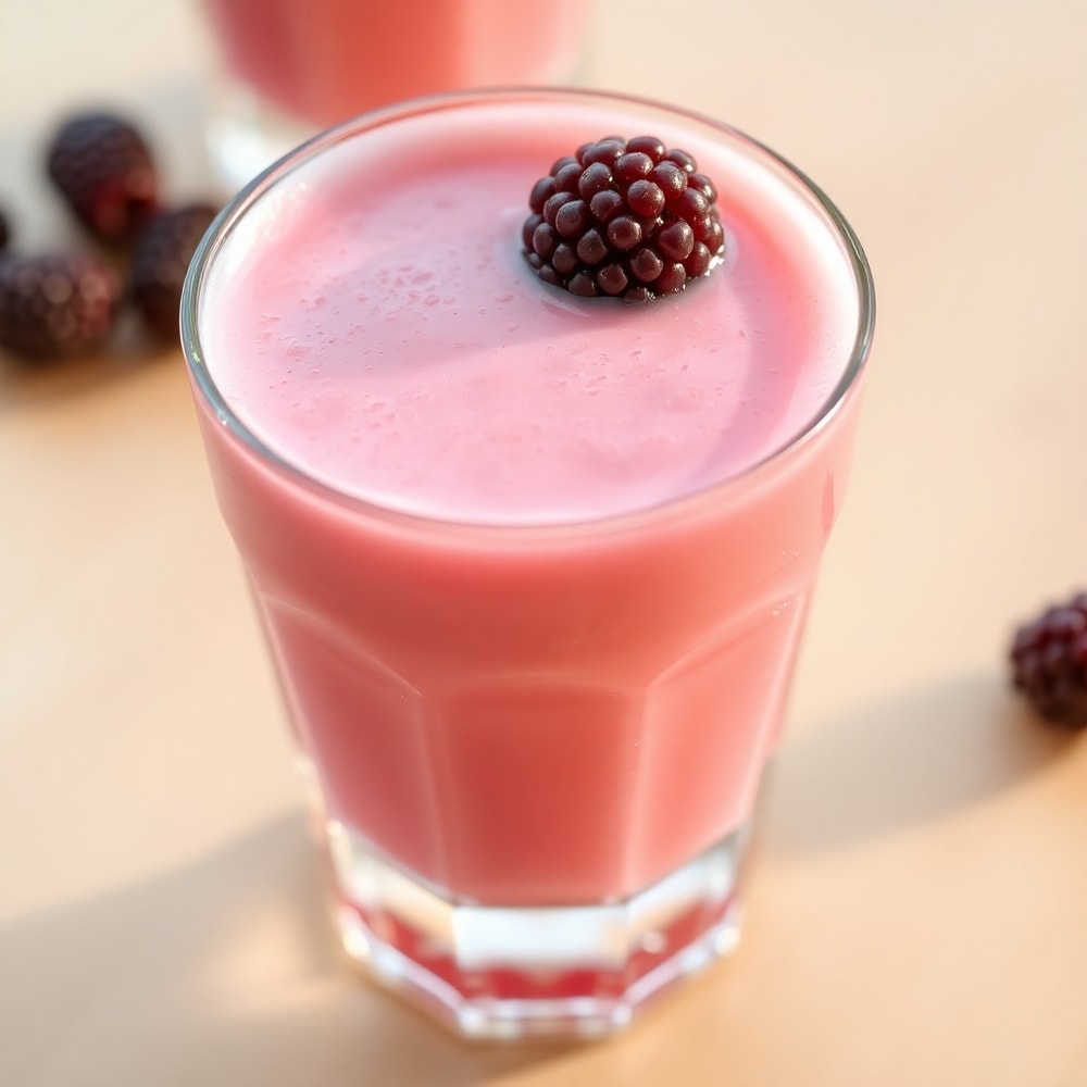 Blackberry Coconut Pink Drink garnished with a blackberry