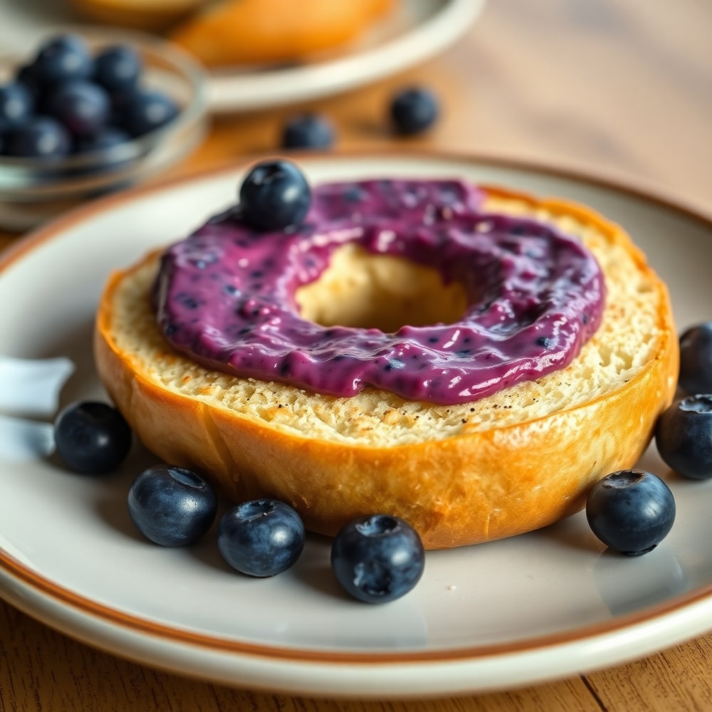 Homemade blueberry butter on a toasted bagel