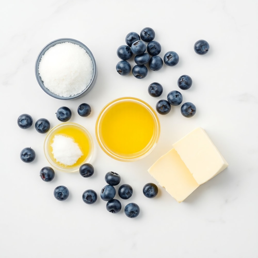 Blueberries, sugar, lemon juice, and butter arranged on a wooden surface