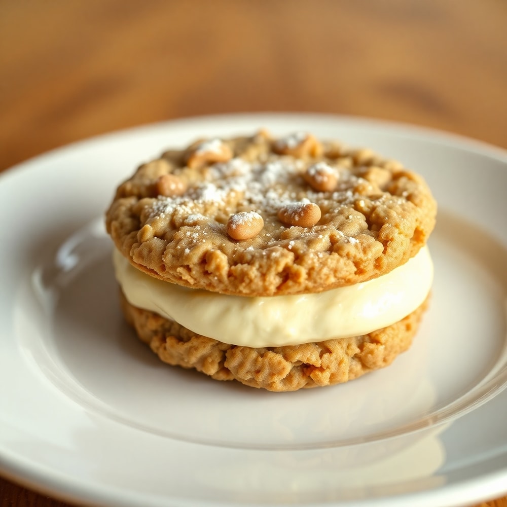 A single homemade oatmeal cream pie on a white plate