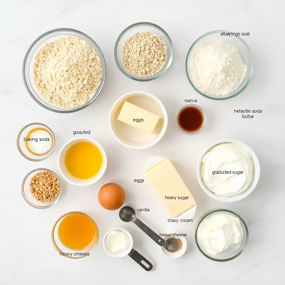 Raw ingredients for homemade oatmeal cream pies on a white marble counter