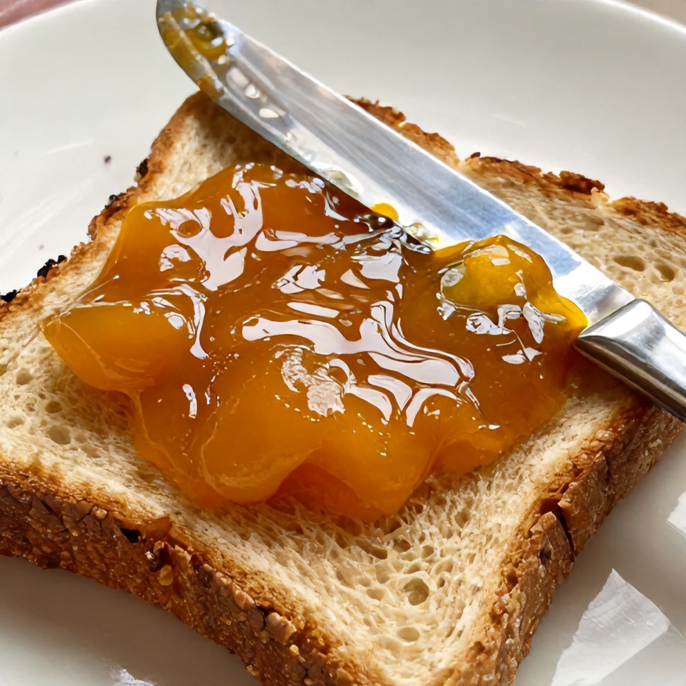 Homemade Peach Jam on Toast with a Knife