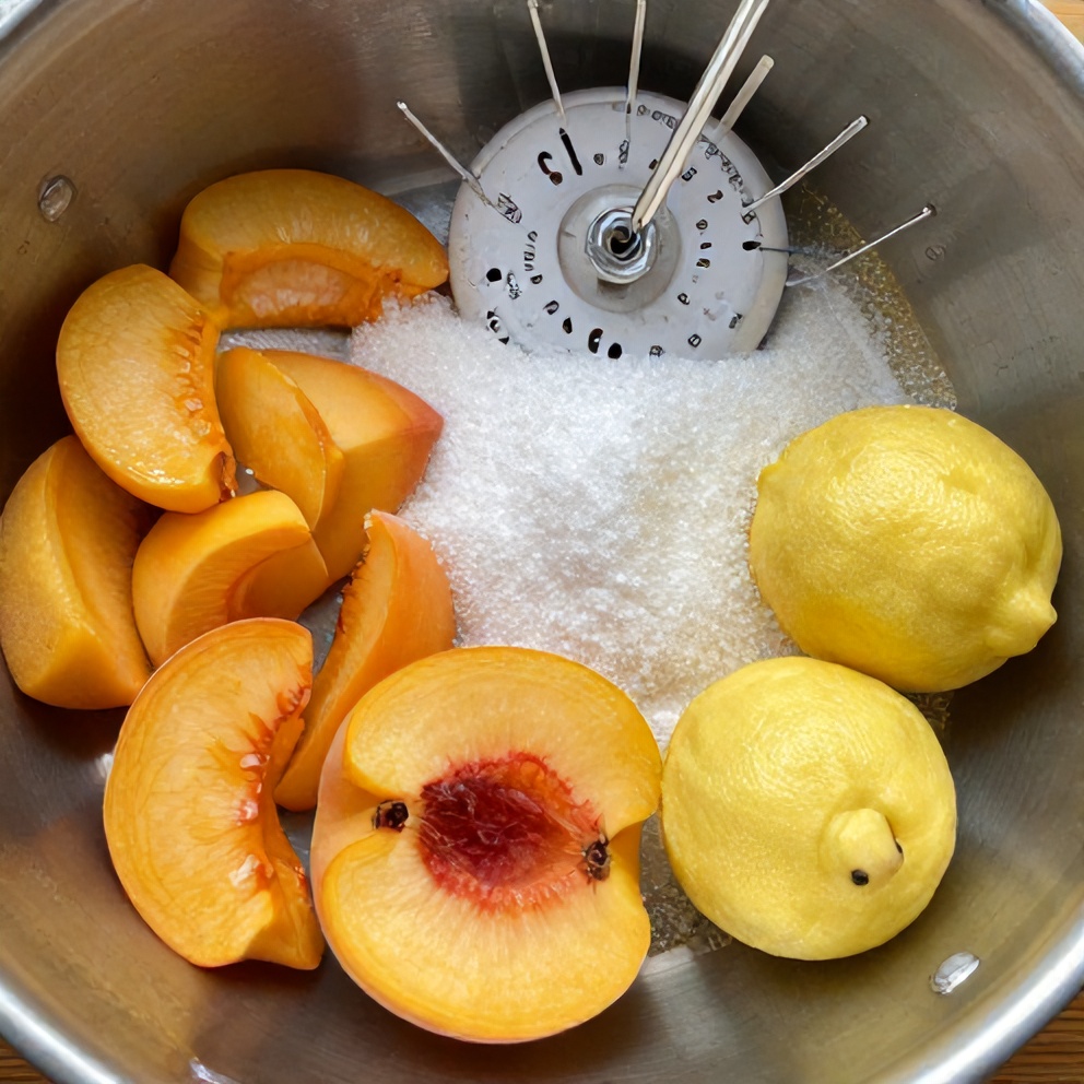 Raw Ingredients for Homemade Peach Jam on a Wooden Surface