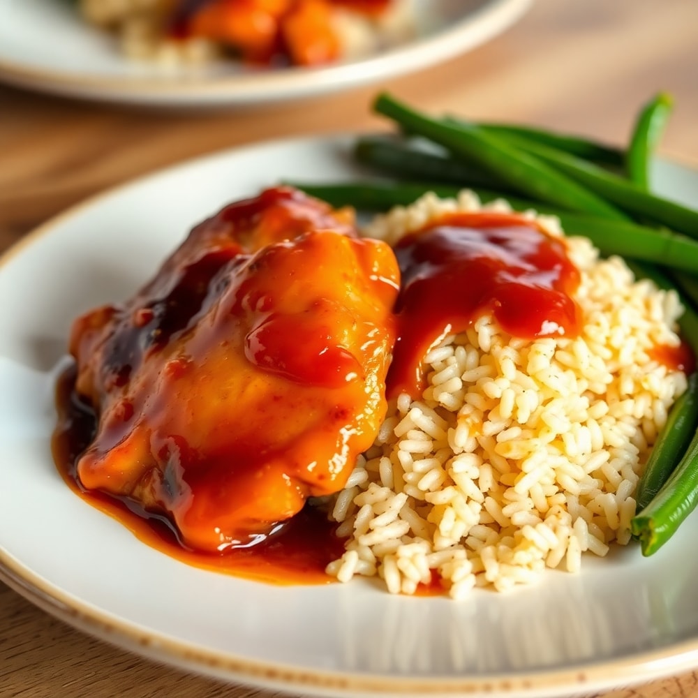 Plated Honey BBQ Chicken and Rice with a side of green beans