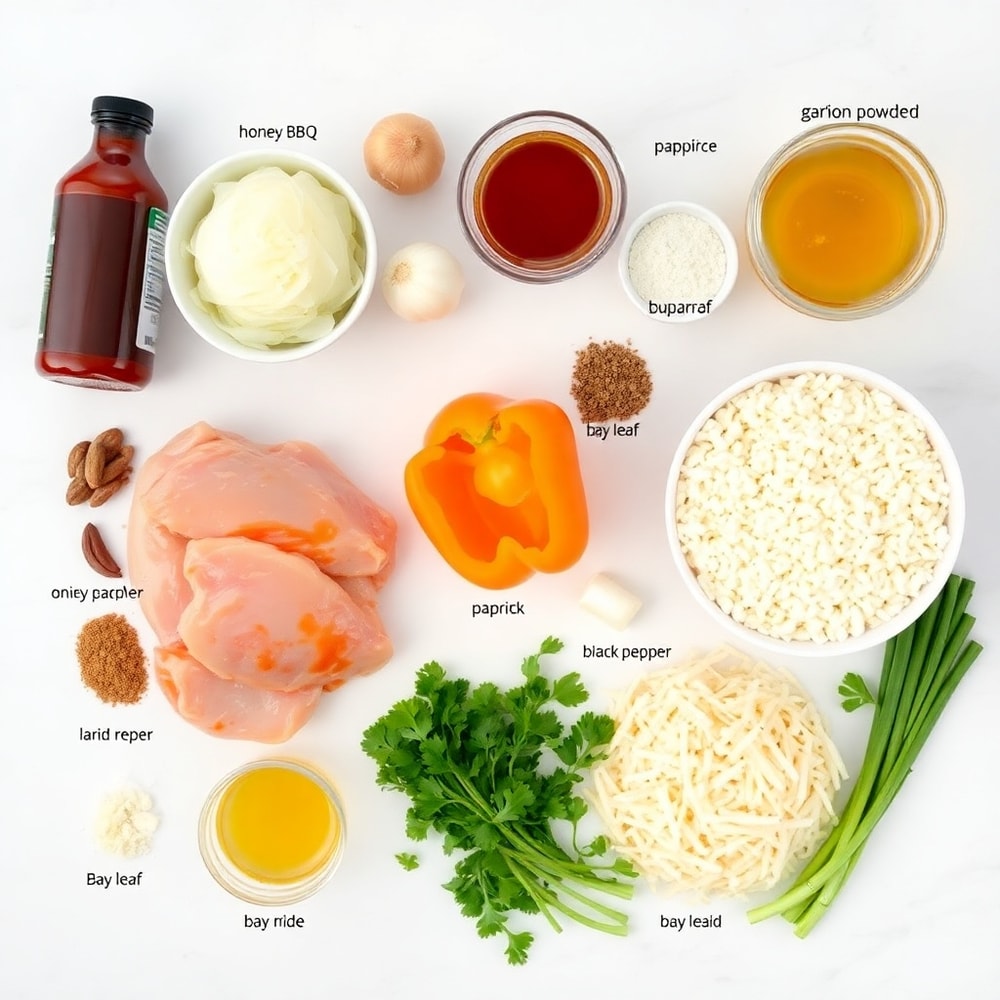 Raw ingredients for Honey BBQ Chicken and Rice laid out