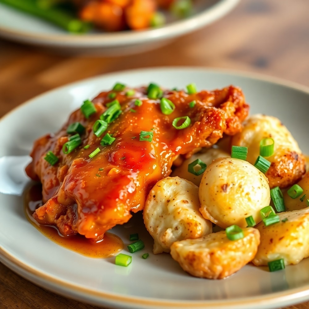 Plated Honey BBQ Chicken with Creamy Garlic Parmesan Potatoes