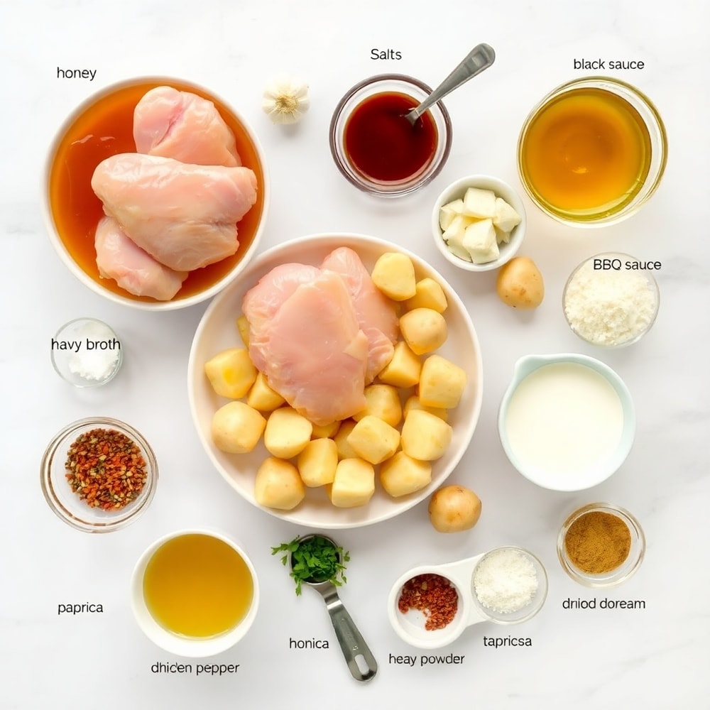 Raw ingredients for Honey BBQ Chicken with Creamy Garlic Parmesan Potatoes