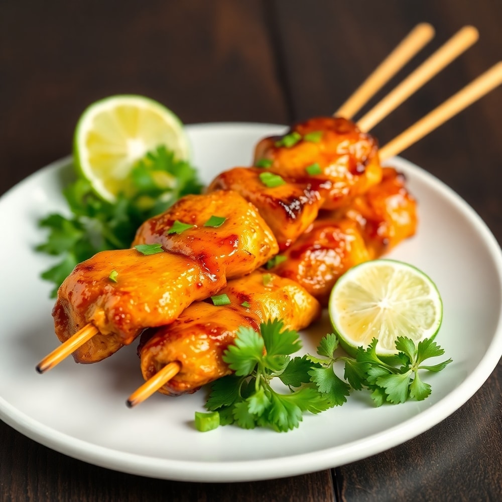 Plated honey chipotle chicken skewers with lime wedges