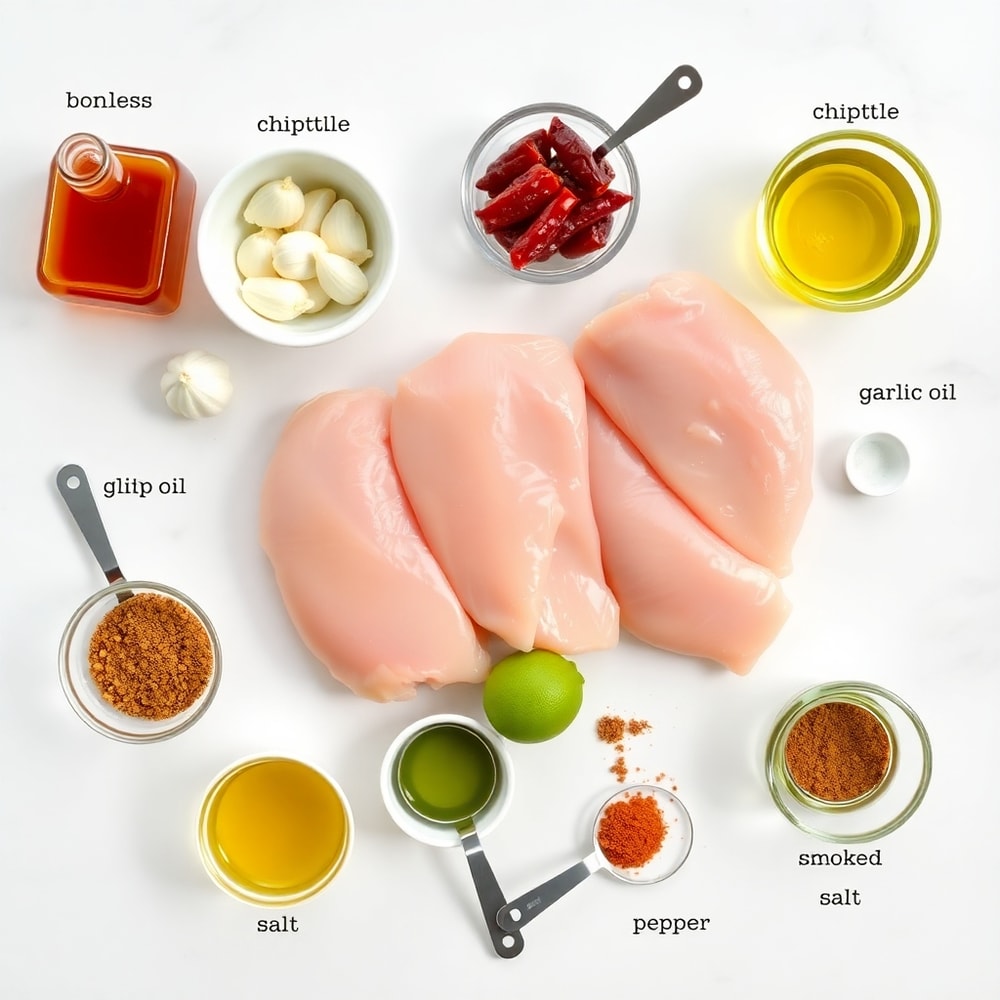 Raw ingredients for honey chipotle chicken skewers on a marble surface