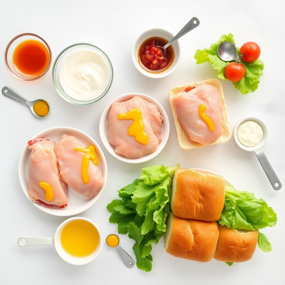 Raw ingredients for Honey Mustard BLT Chicken Sliders laid out