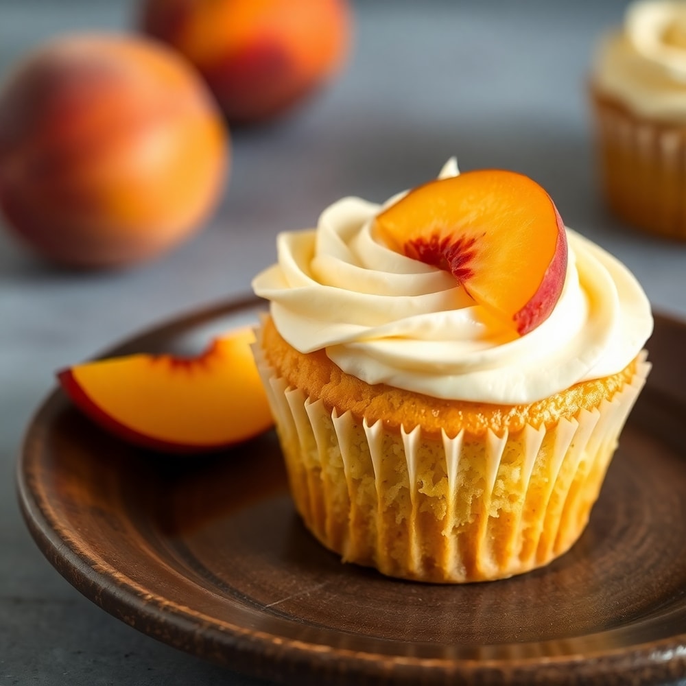 Honey Peach Cream Cheese Cupcake with cream cheese frosting and fresh peach slice