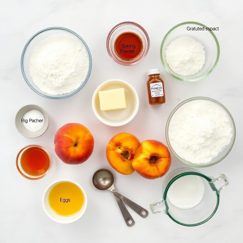 Raw ingredients for Honey Peach Cream Cheese Cupcakes including peaches, cream cheese, and honey