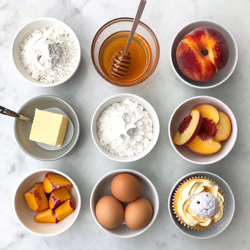 Ingredients for Honey Peach Cream Cheese Cupcakes on a white marble counter