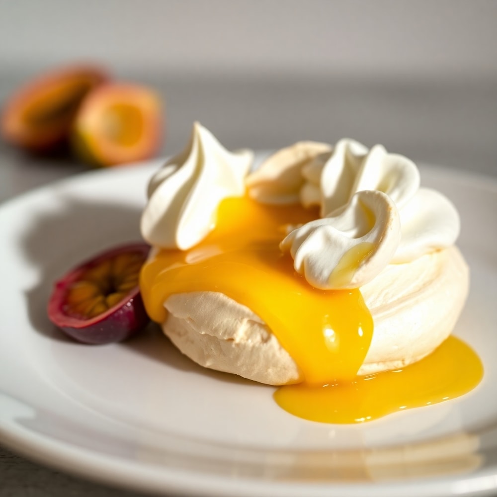 Individual Passionfruit Pavlova with passionfruit curd and whipped cream