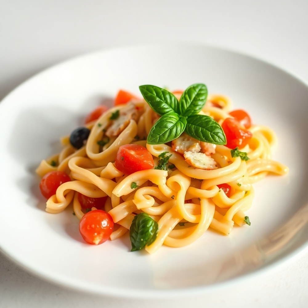 Plated Mediterranean Pasta Salad with fresh basil garnish