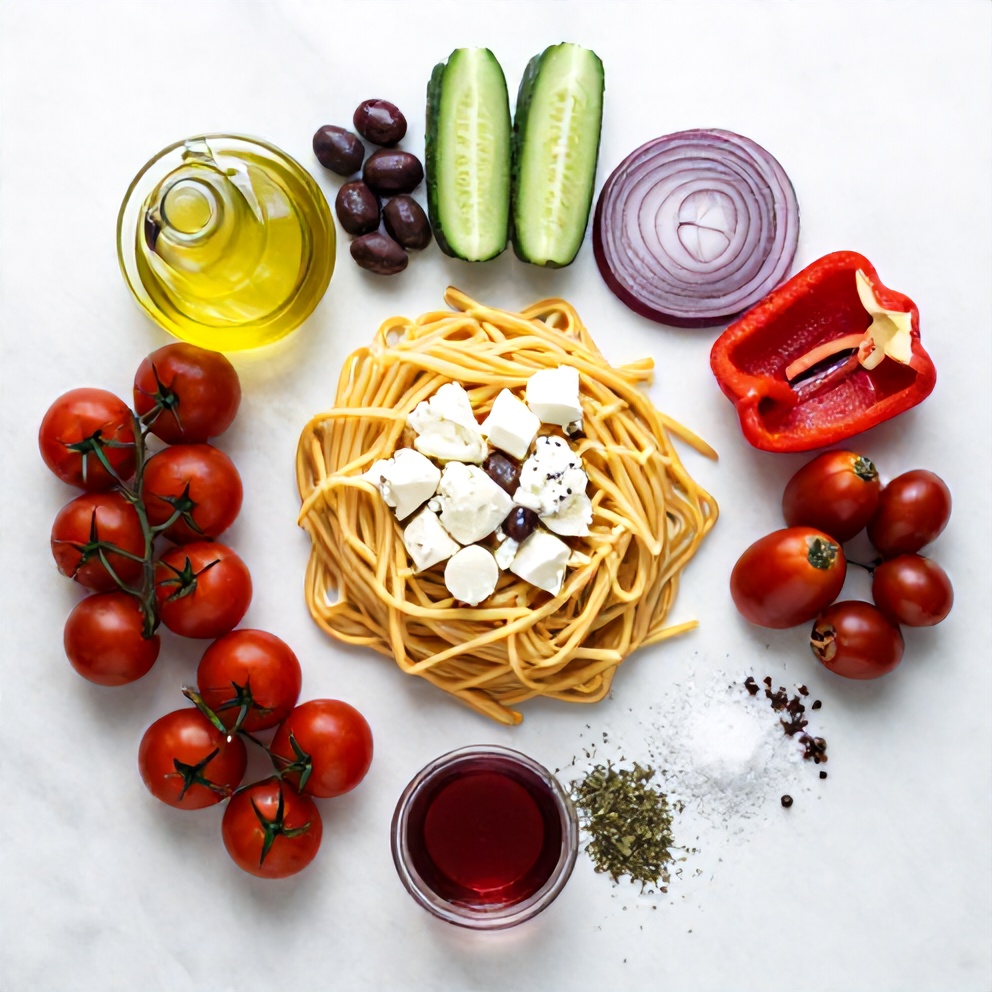 Mediterranean Pasta Salad ingredients - pasta, cherry tomatoes, cucumber, olives, feta, red onion, bell pepper, Kalamata olives, olive oil, red wine vinegar, oregano, salt, and pepper