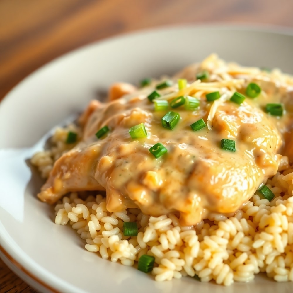 Plated creamy smothered chicken and rice