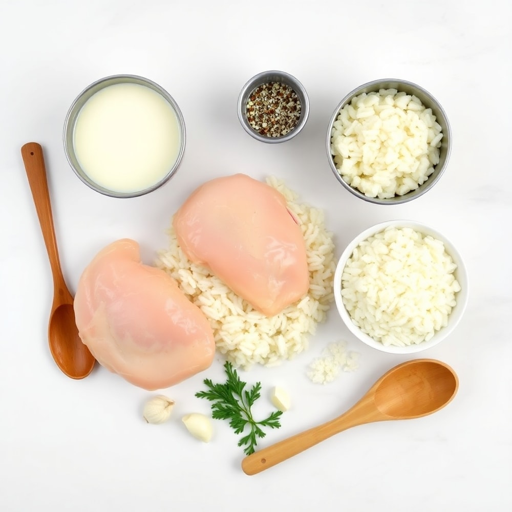 Raw ingredients for creamy smothered chicken and rice