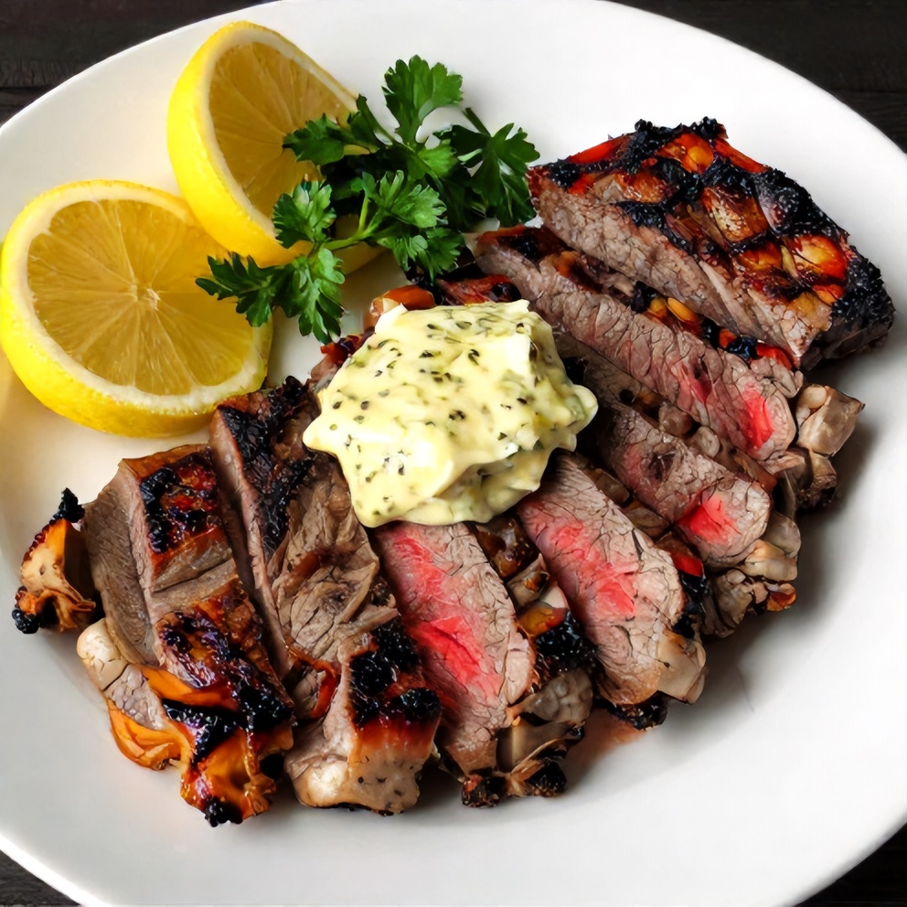 Plated New York Strip Steak with Garlic Herb Butter