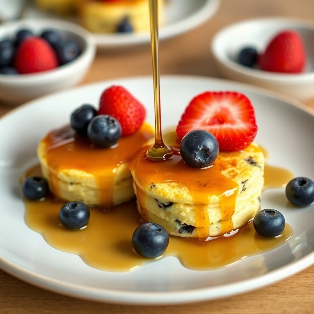 Plated Lemon Blueberry Cottage Cheese Pancake Bites