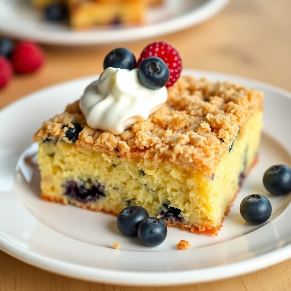 Lemon Blueberry Crumb Cake served on a plate with a cup of coffee
