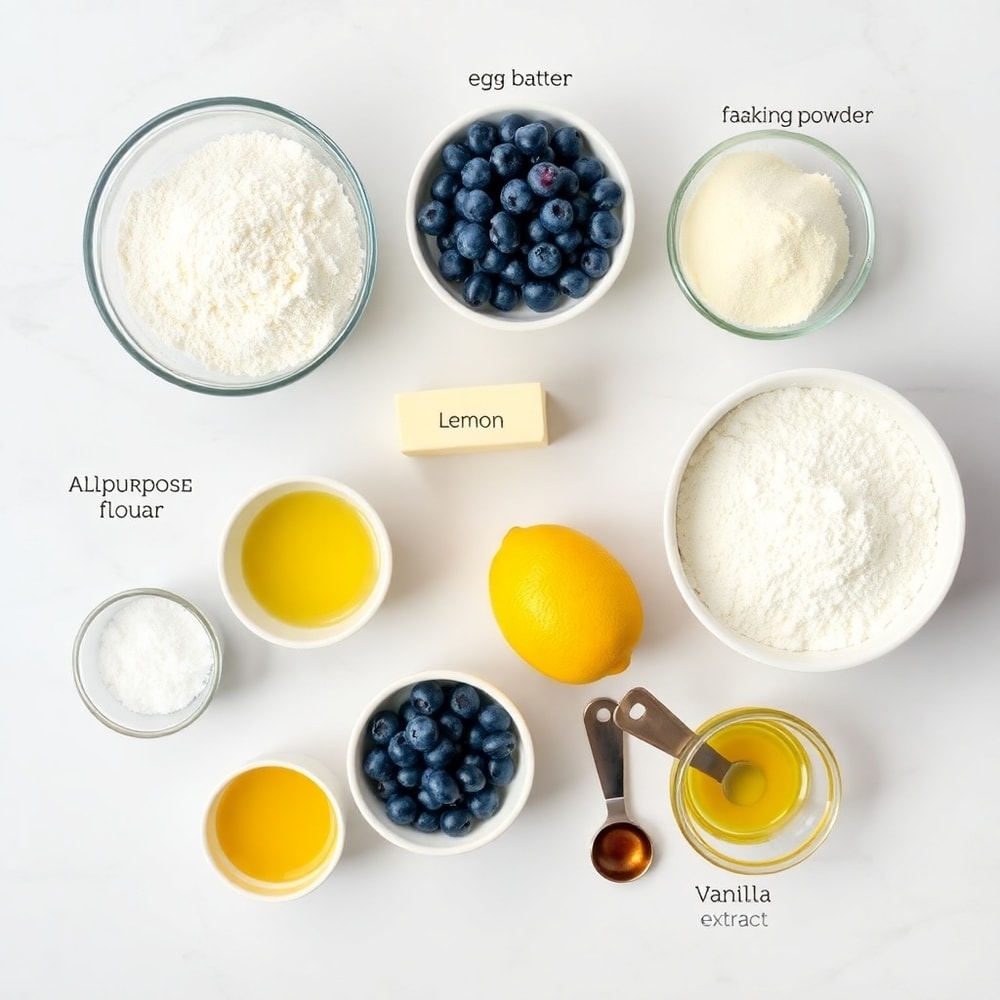 Ingredients for Lemon Blueberry Crumb Cake: flour, sugar, eggs, butter, blueberries, lemon zest, etc.