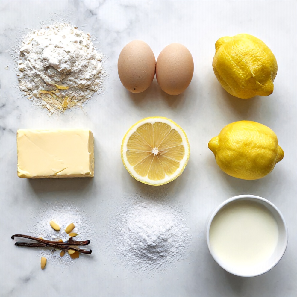 Raw Ingredients for Lemon Cake from Scratch - Flour, Sugar, Butter, Eggs, Lemon Zest, and More