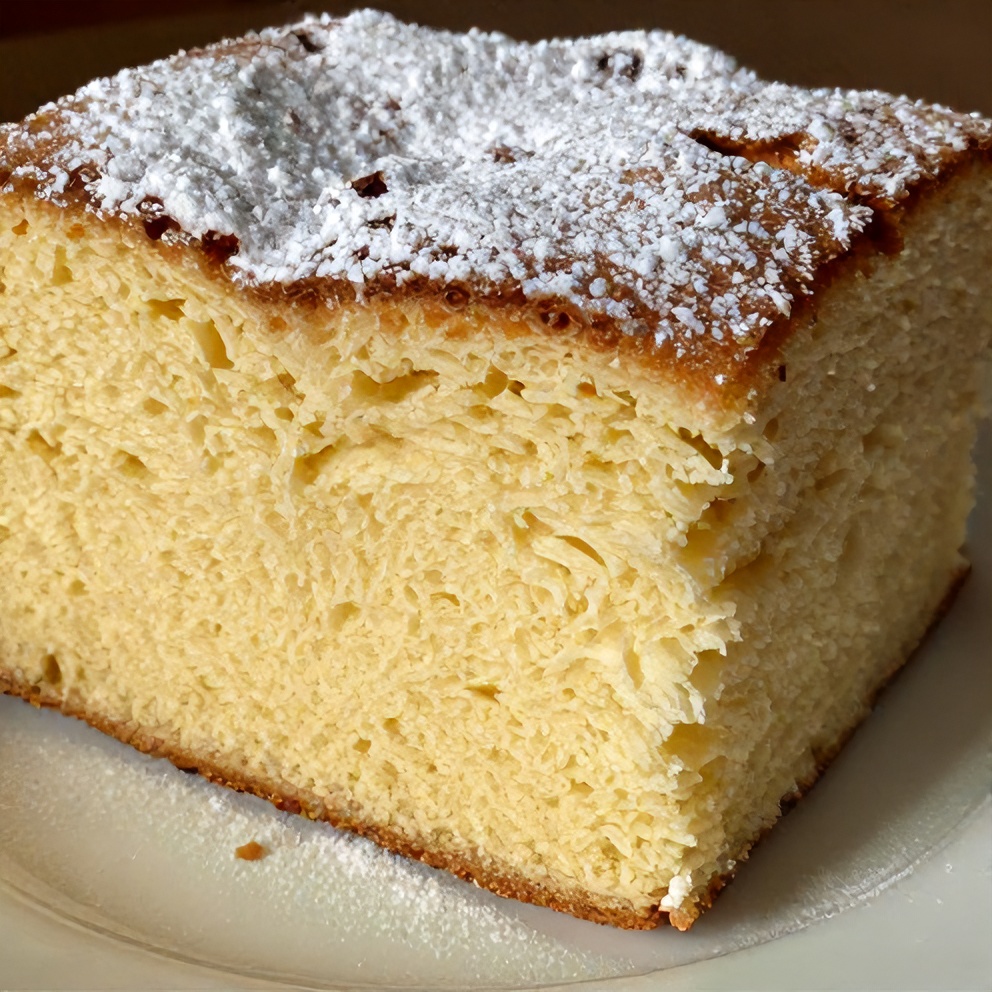 Slice of Light and Fluffy Sponge Cake with powdered sugar
