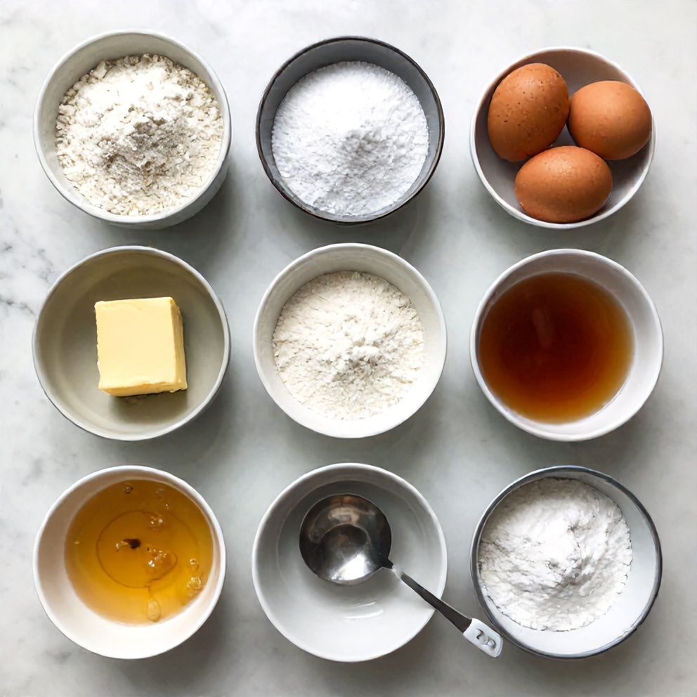 Ingredients for Light and Fluffy Sponge Cake: flour, sugar, eggs, butter, vanilla extract, baking powder, salt