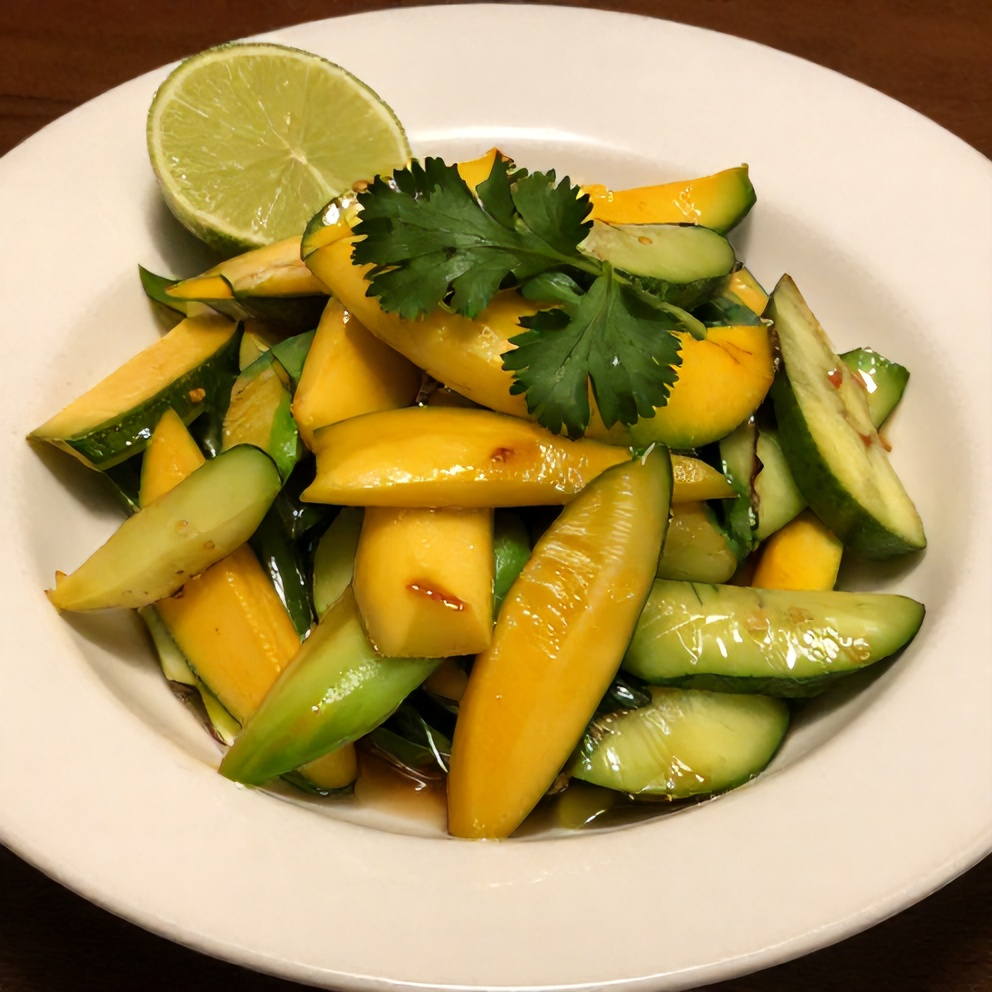 Plated Mango Cucumber Salad with fresh herbs and lime wedge