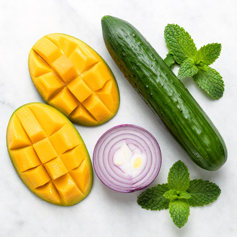 Raw ingredients for Mango Cucumber Salad laid out on a wooden surface