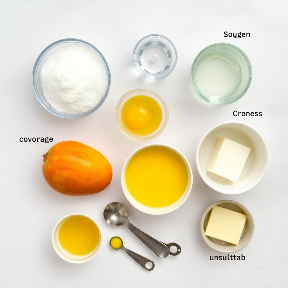 Ingredients for Mango Curd Tart on a marble counter