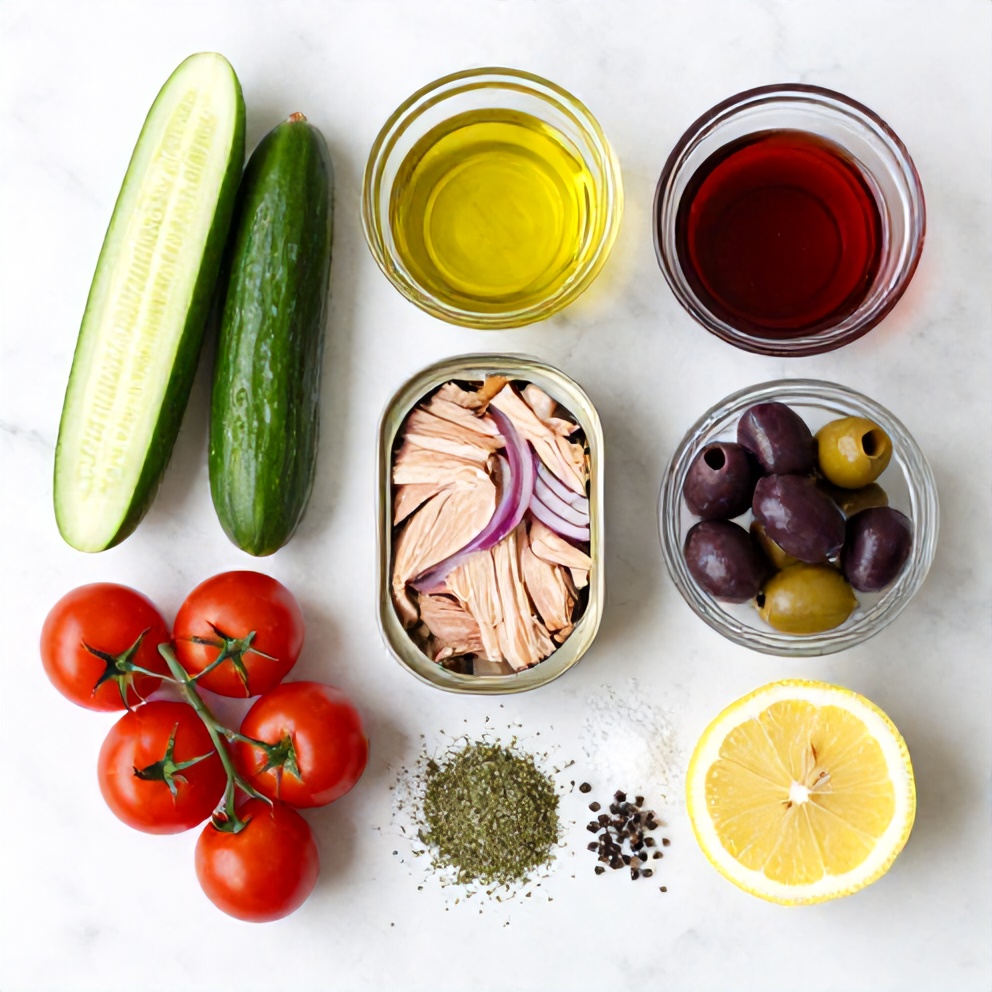 Raw ingredients for Mediterranean tuna salad