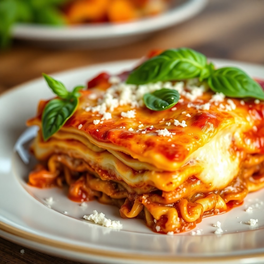 Plated Million Dollar Lasagna with fresh basil and grated Parmesan