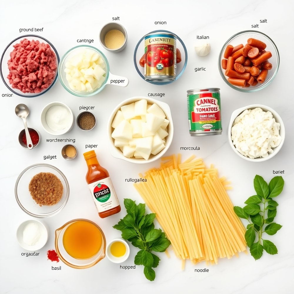 Raw ingredients for Million Dollar Lasagna on marble surface