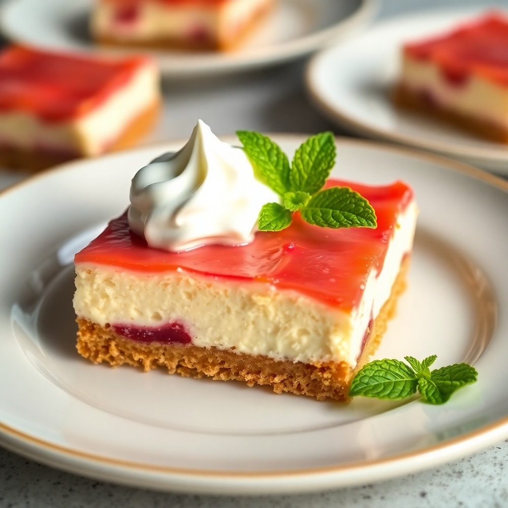 Plated No Bake Rhubarb Cheesecake Squares with a dollop of whipped cream