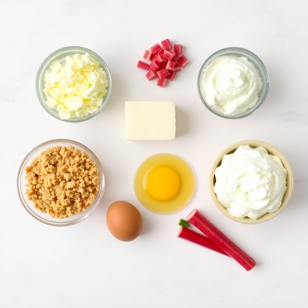 Crushed graham crackers, cream cheese, rhubarb, sugar, eggs, and whipped cream laid out for No Bake Rhubarb Cheesecake Squares