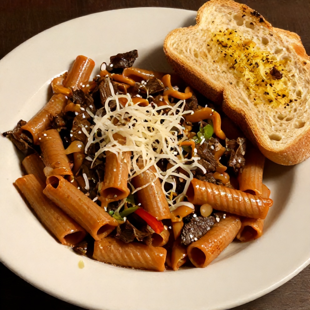 One Pot Beefaroni plated with a side of garlic bread