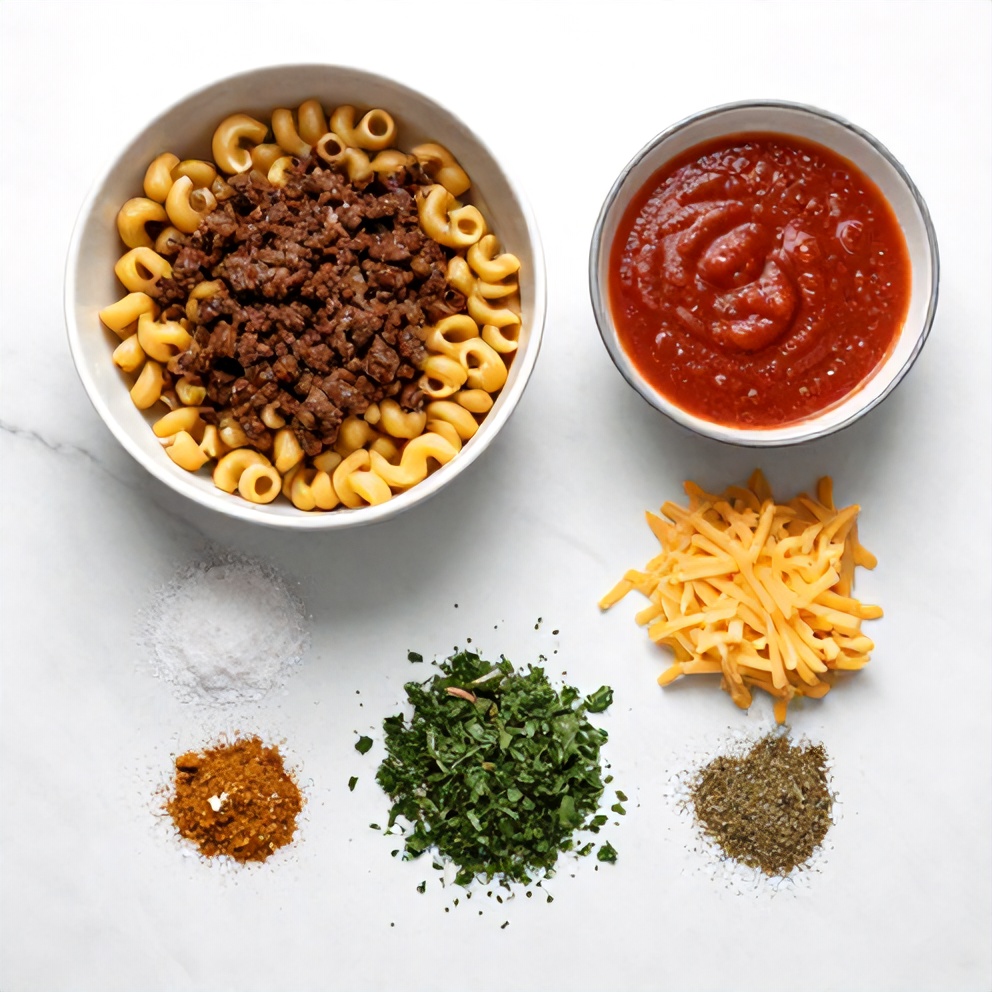 Raw ingredients for One Pot Beefaroni including ground beef, elbow macaroni, and cheese