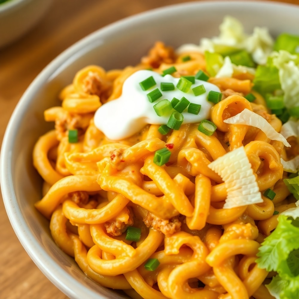 One Pot Cheesy Taco Pasta Final Dish