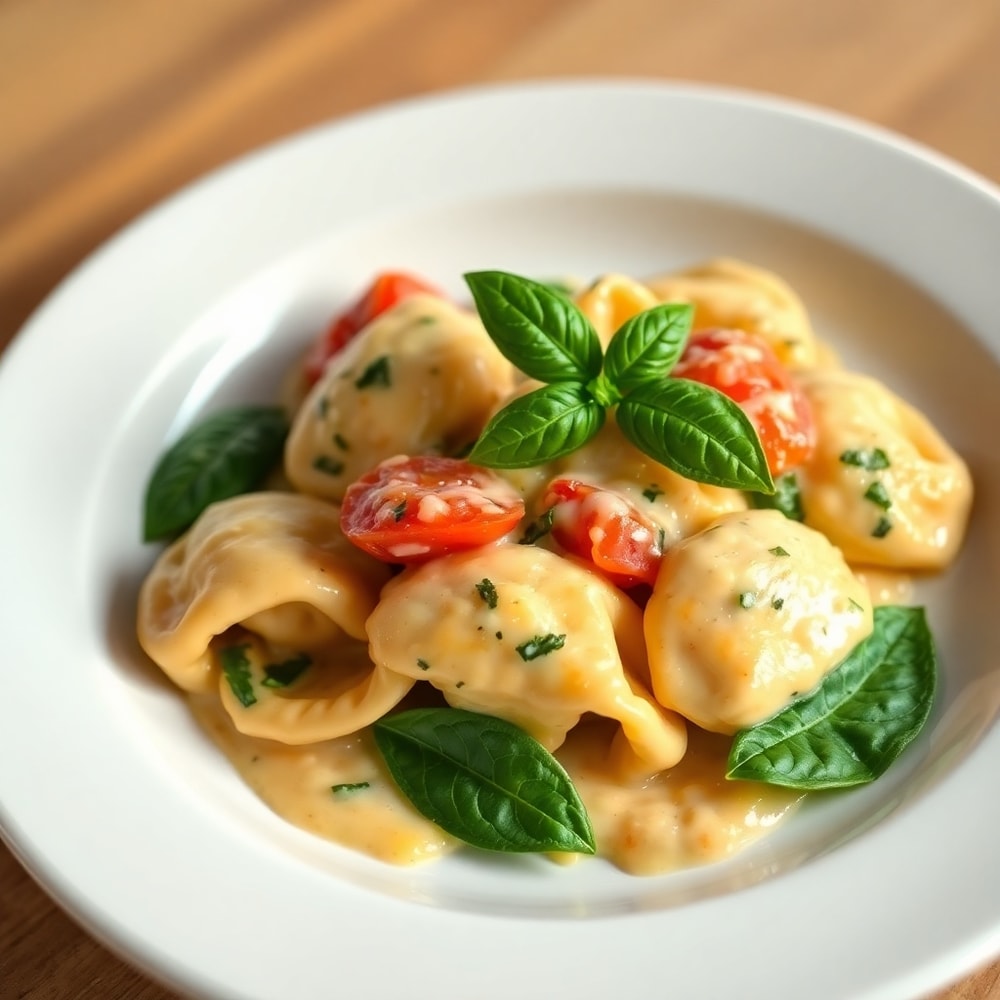 Plated Creamy Spinach Tomato Tortellini with fresh basil