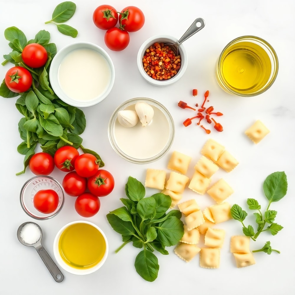 Raw ingredients for Creamy Spinach Tomato Tortellini