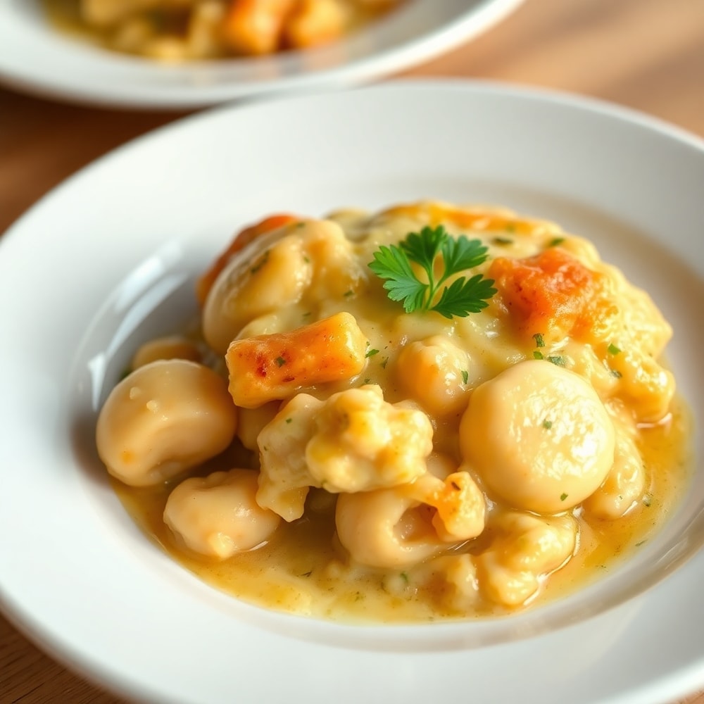 One pot gnocchi chicken pot pie plated with fresh parsley