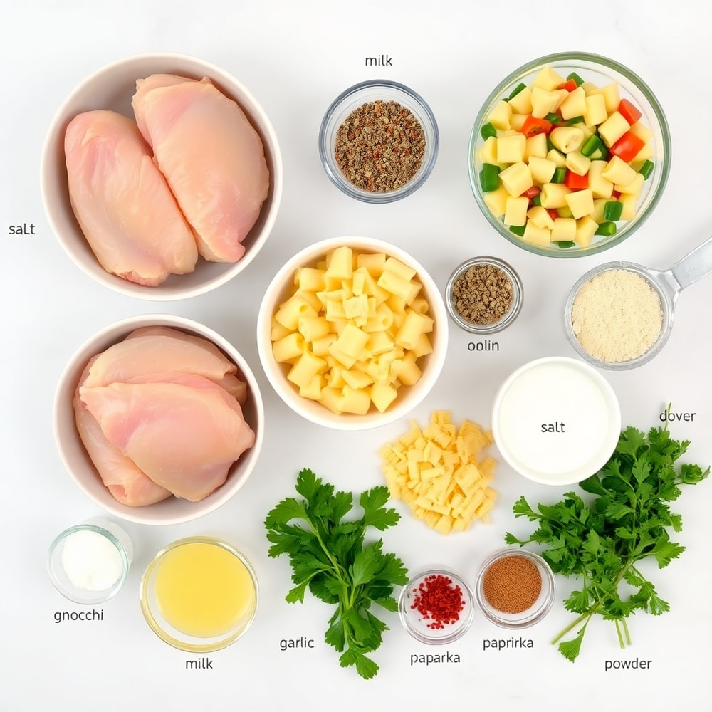 Raw ingredients for one pot gnocchi chicken pot pie