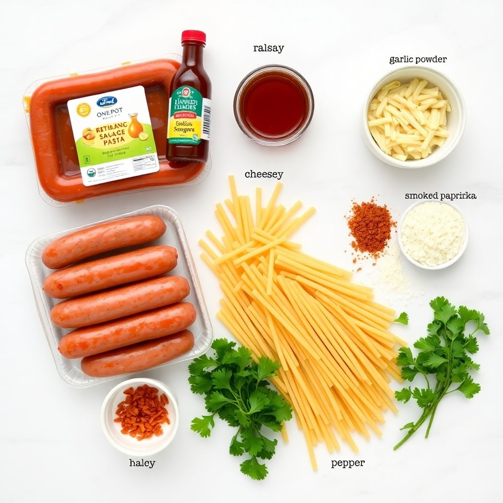 Raw ingredients for One-Pot Honey BBQ Sausage Pasta