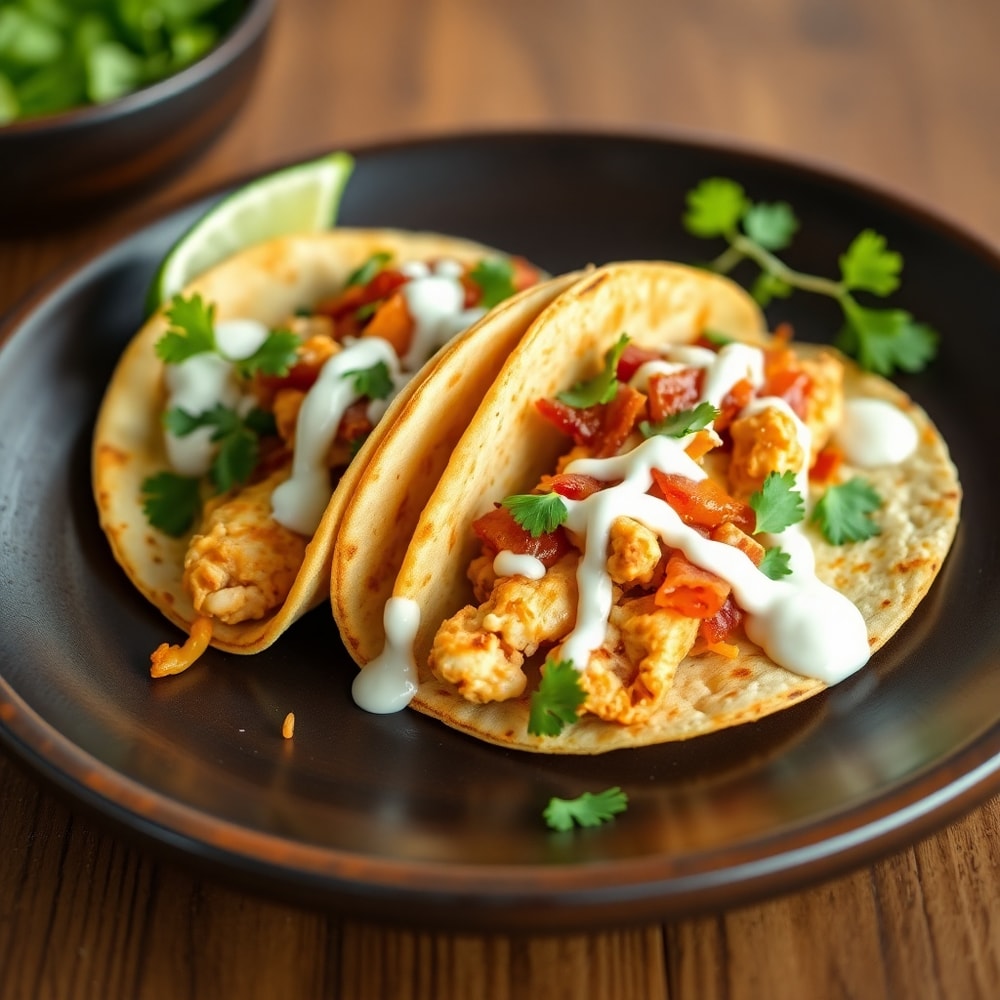 Plated oven-baked chicken bacon ranch tacos with a creamy ranch drizzle