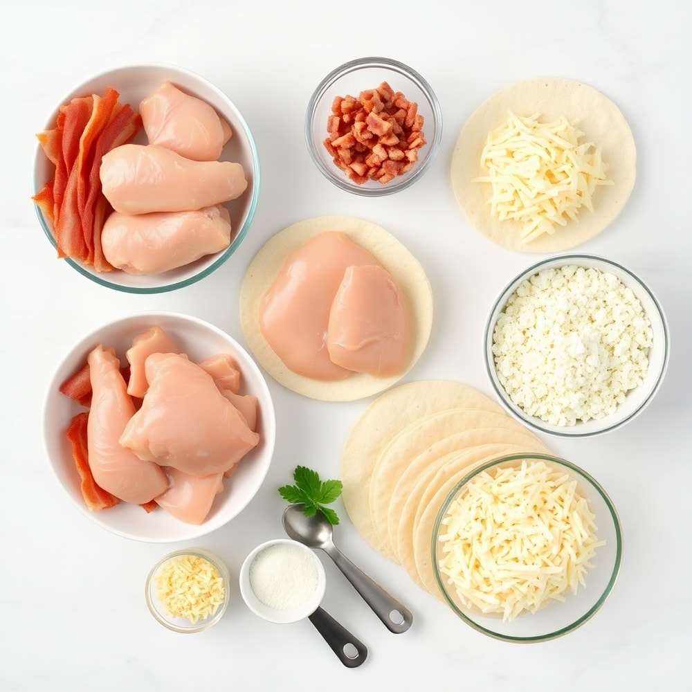 Raw ingredients for oven-baked chicken bacon ranch tacos including chicken, bacon, tortillas, and ranch seasoning