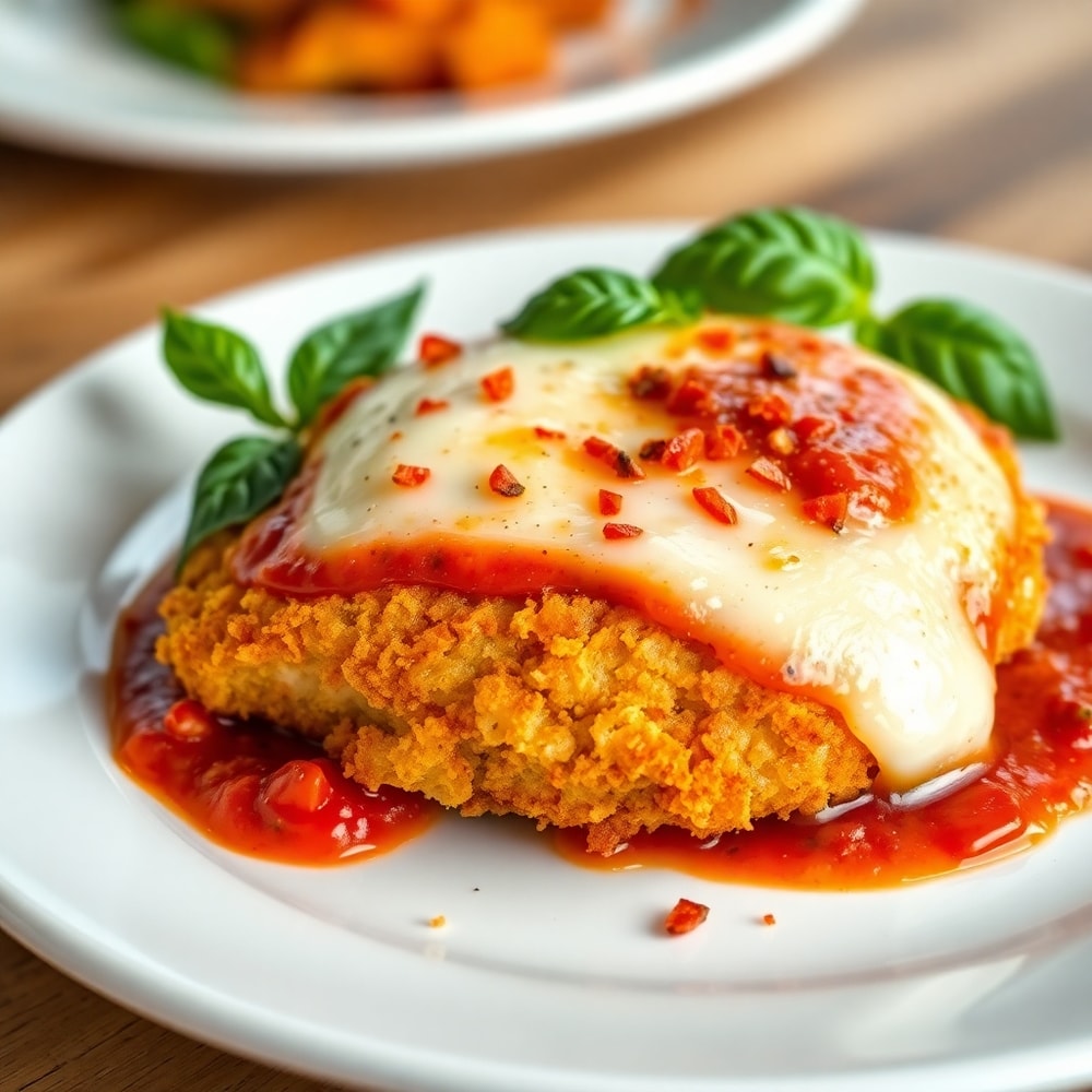 Plated Oven Baked Chicken Parmesan with crispy breading, marinara sauce, and melted mozzarella