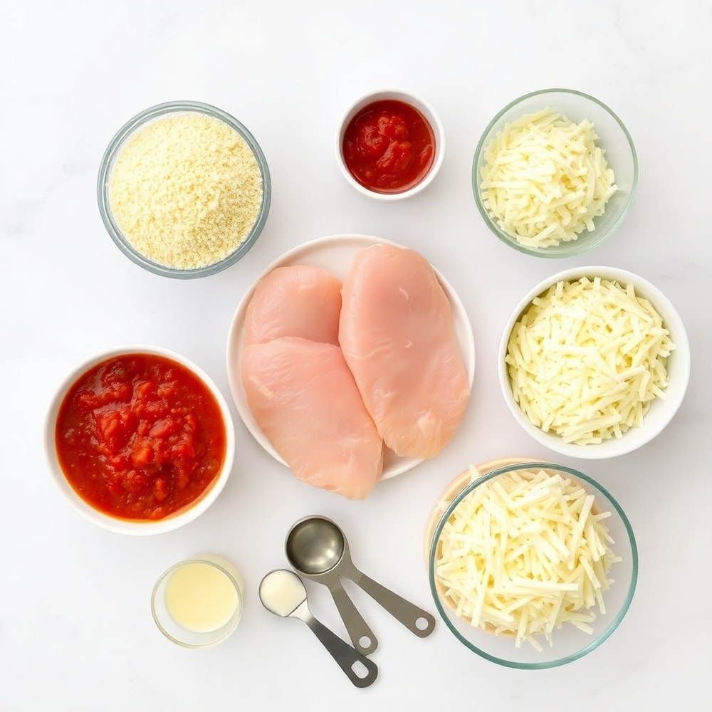 Raw ingredients for Oven Baked Chicken Parmesan including chicken breasts, breadcrumbs, Parmesan cheese, and marinara sauce