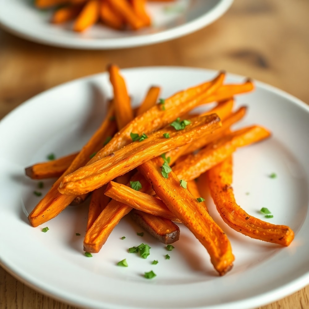 Plate of crispy oven baked sweet potato fries with a sprinkle of parsley